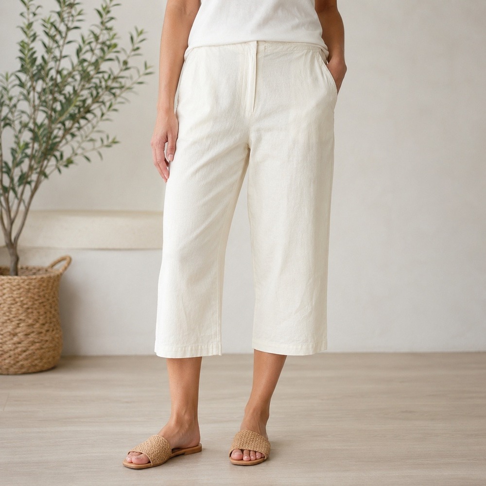 NWT Denim & Co‎ Cropped Pants Women 1X Cream Linen Blend Wide Leg Elastic Waist